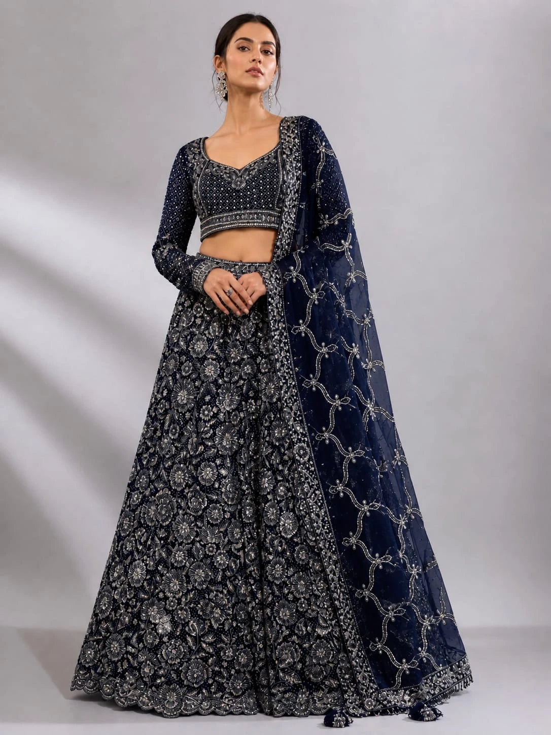 Navy blue embroidered lehenga