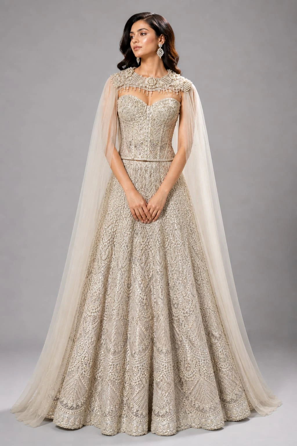 ivory cape style lehenga