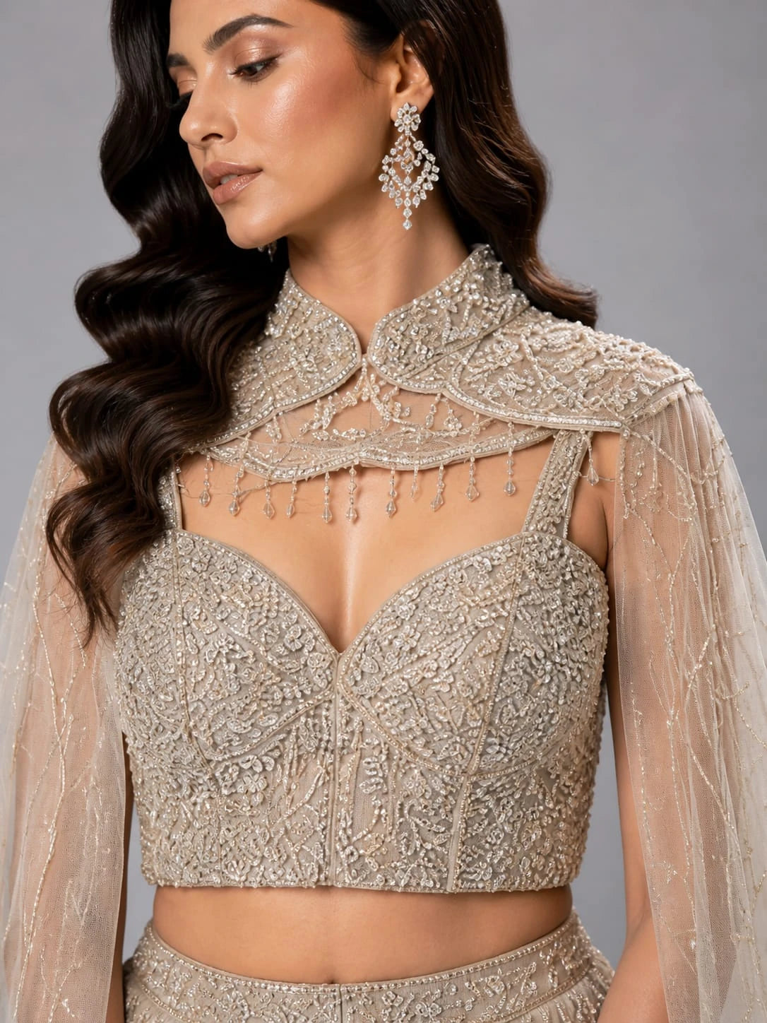golden cape style lehenga