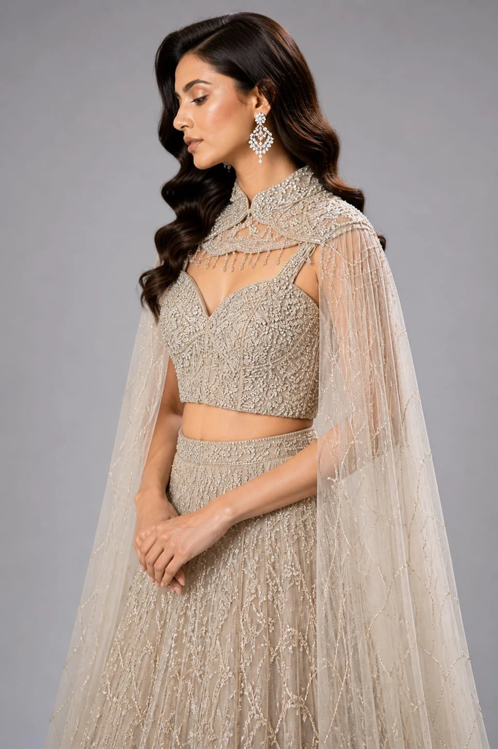 golden cape style lehenga