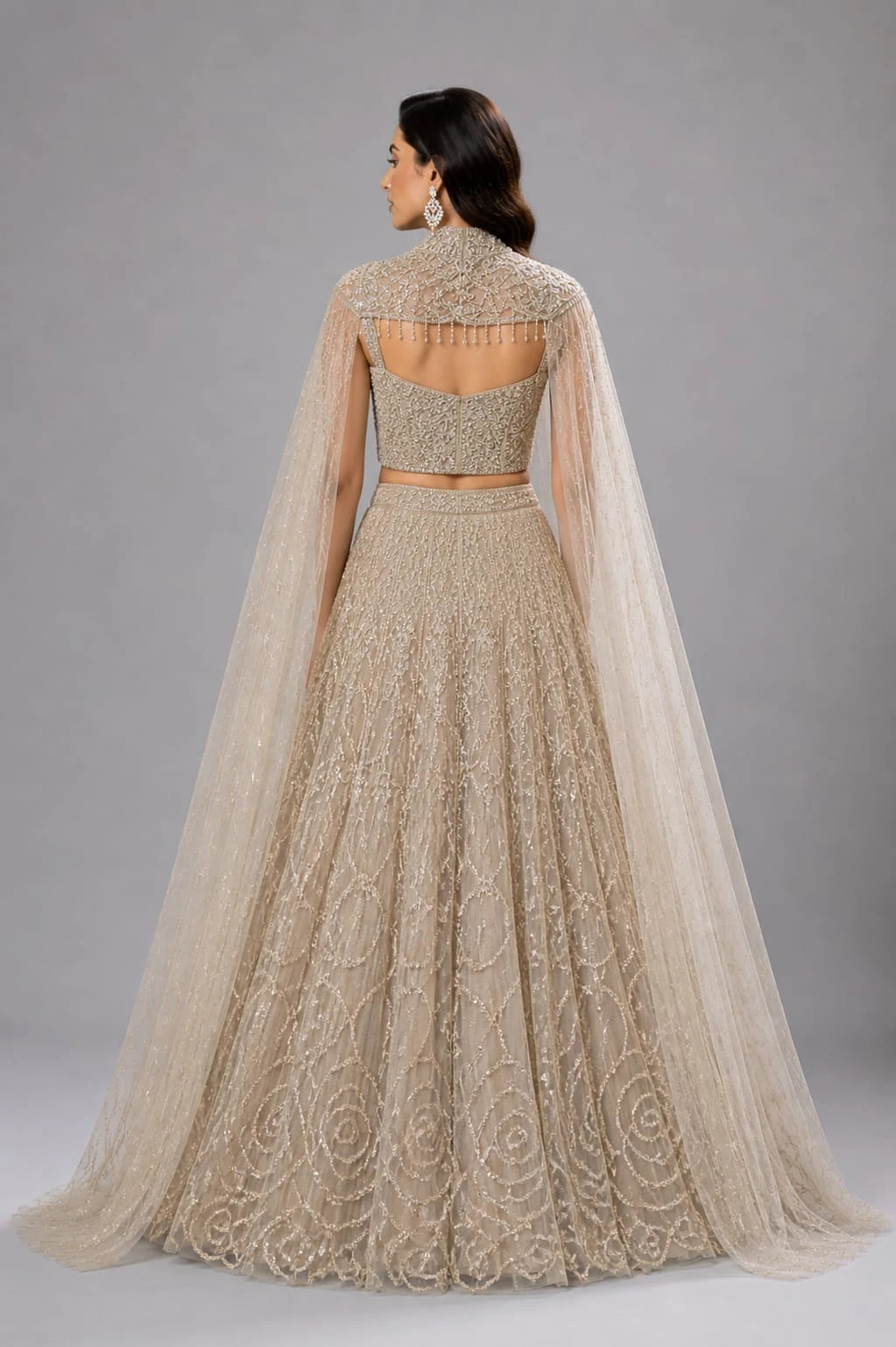 golden cape style lehenga