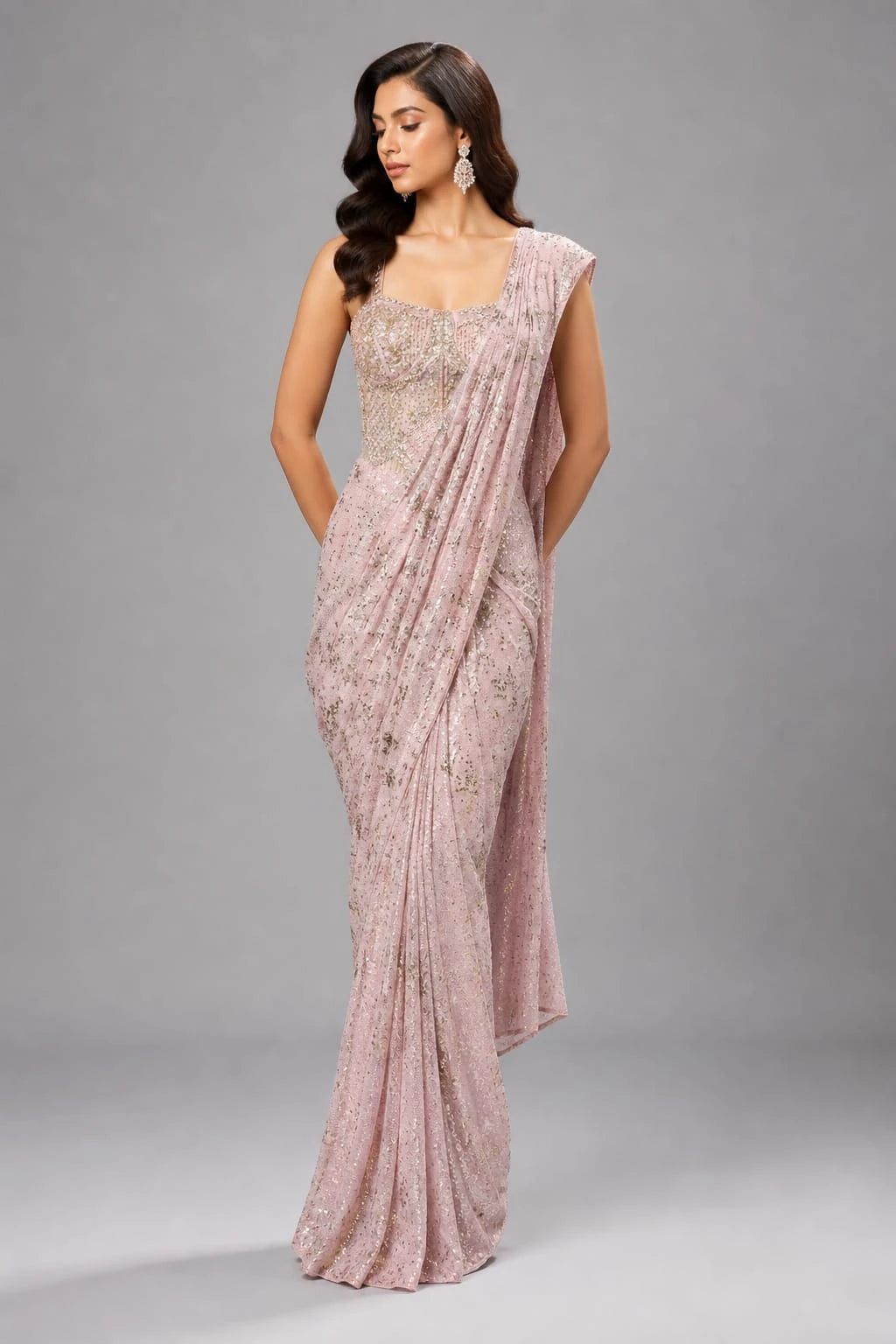 pre draped saree pink