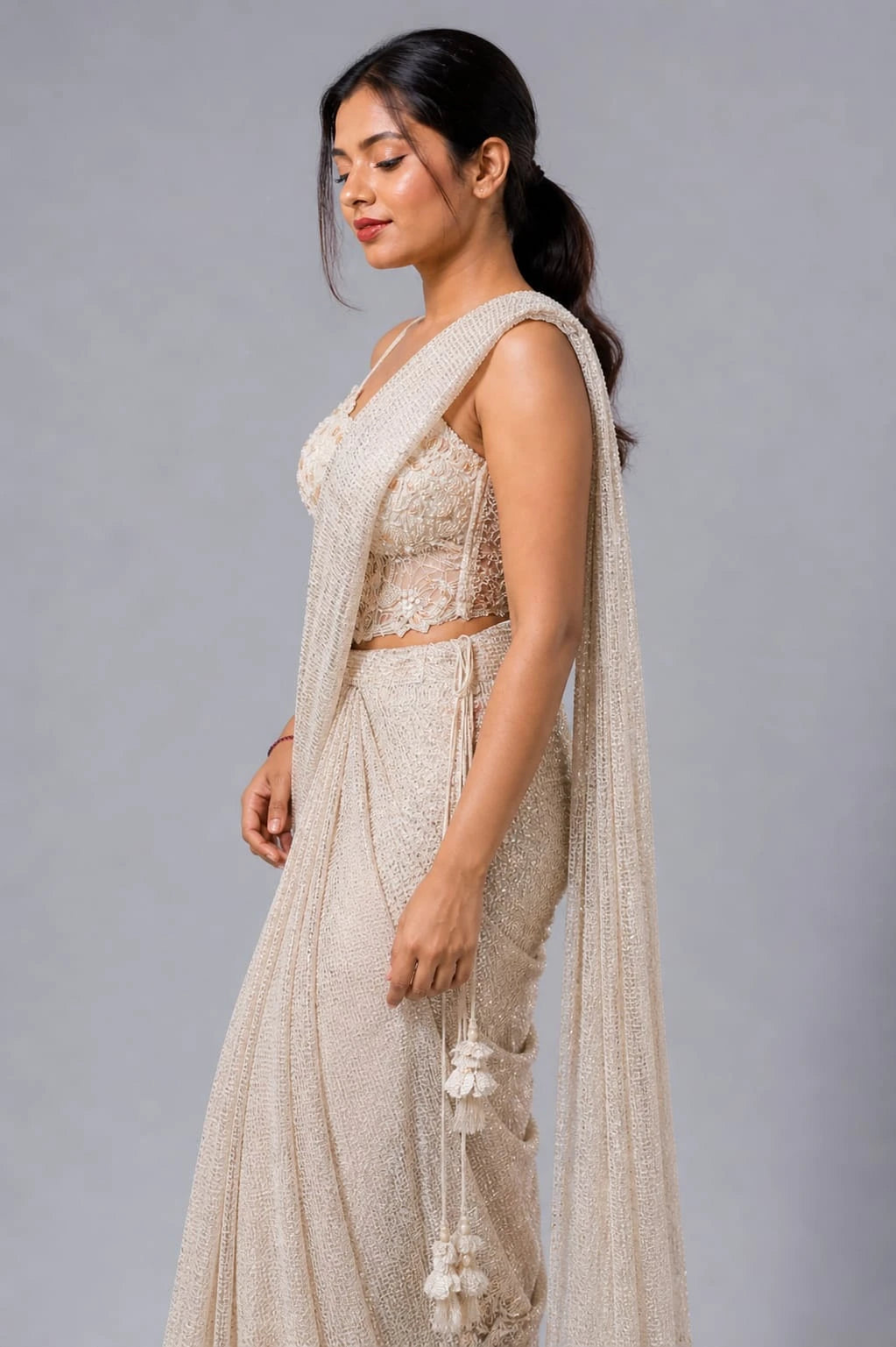 cream drape saree