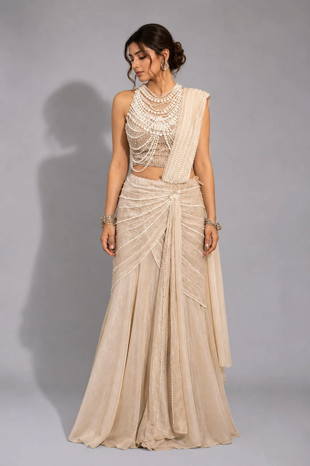 gold drape lehenga