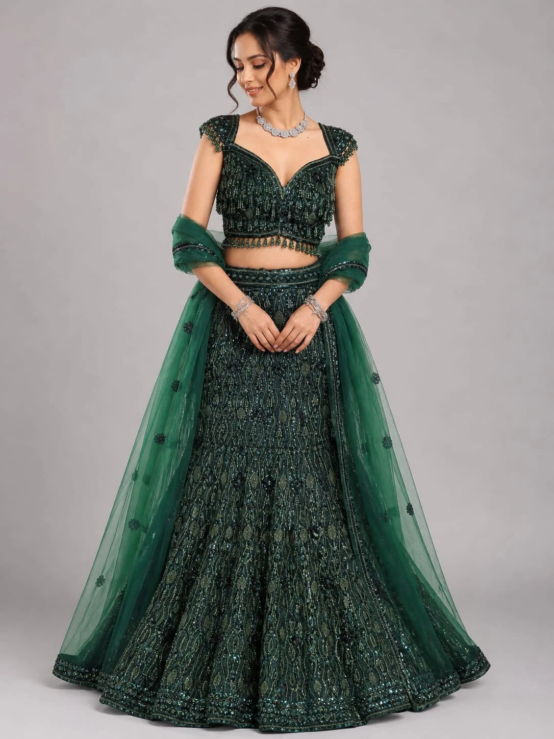 Regal Bottle Green Sequin Lehenga Set Vastrachowk regal-bottle-green-sequin-lehenga-set-vastrachowk