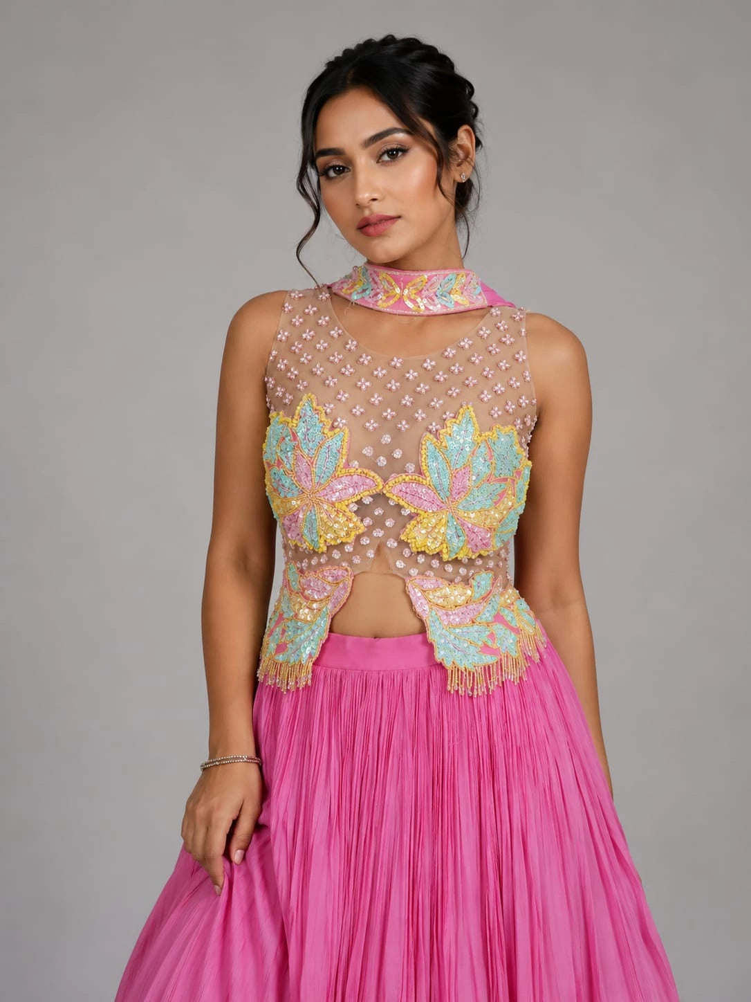 pink pleated lehenga