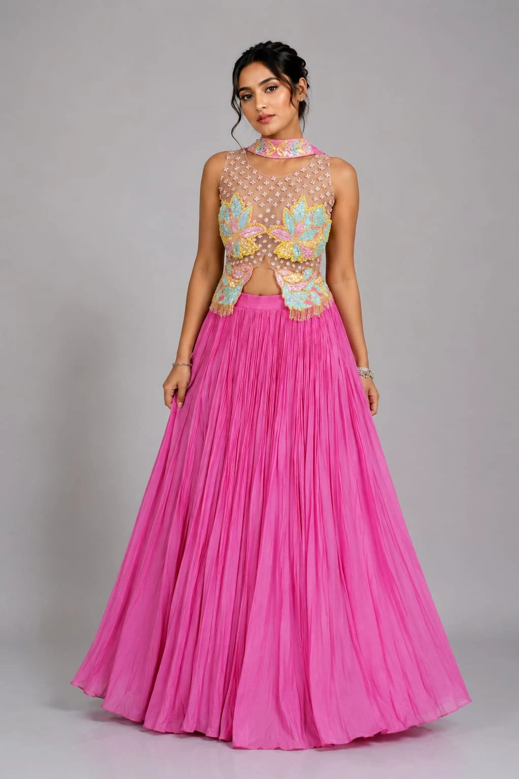 pink pleated lehenga