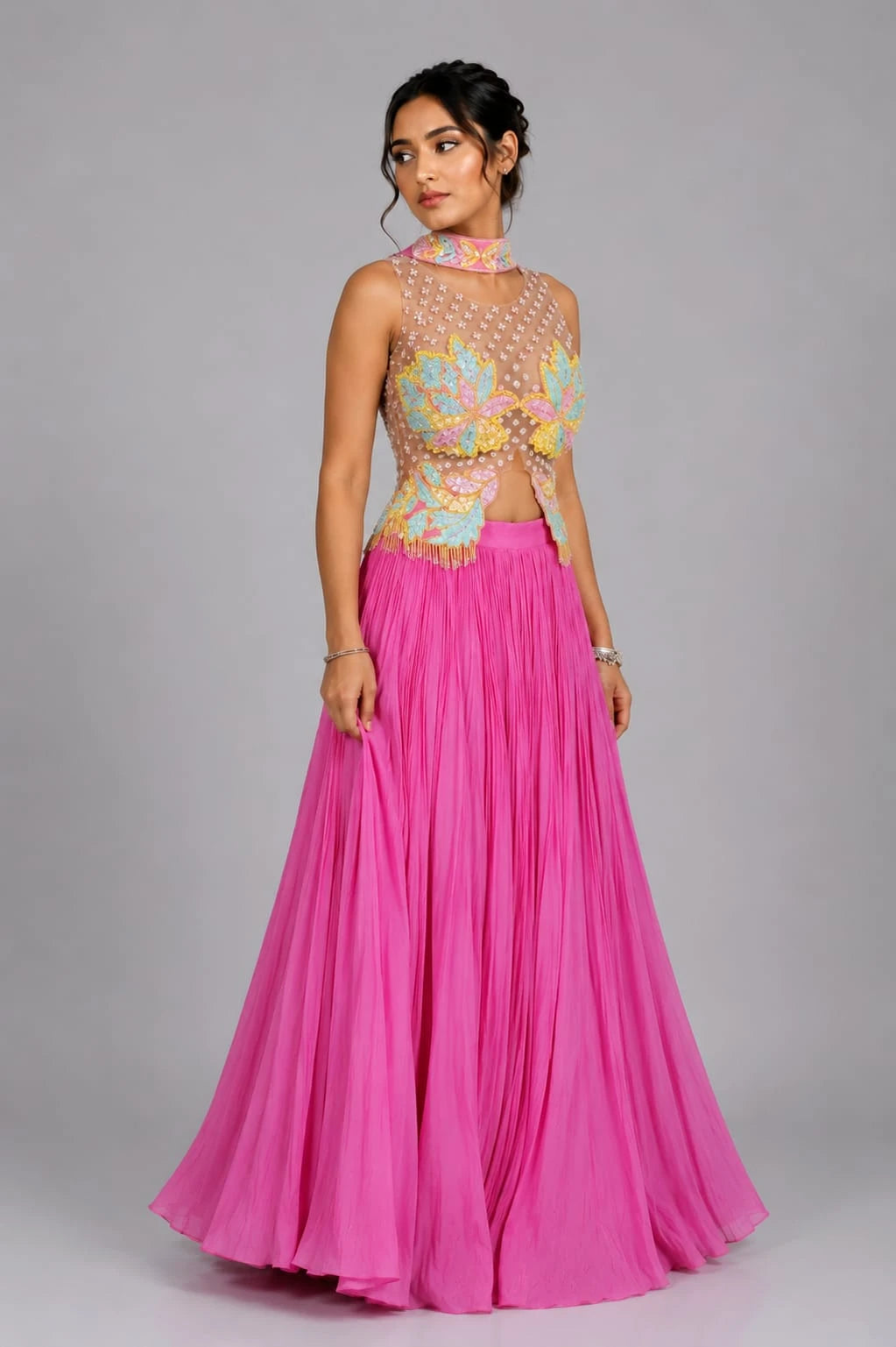 pink pleated lehenga
