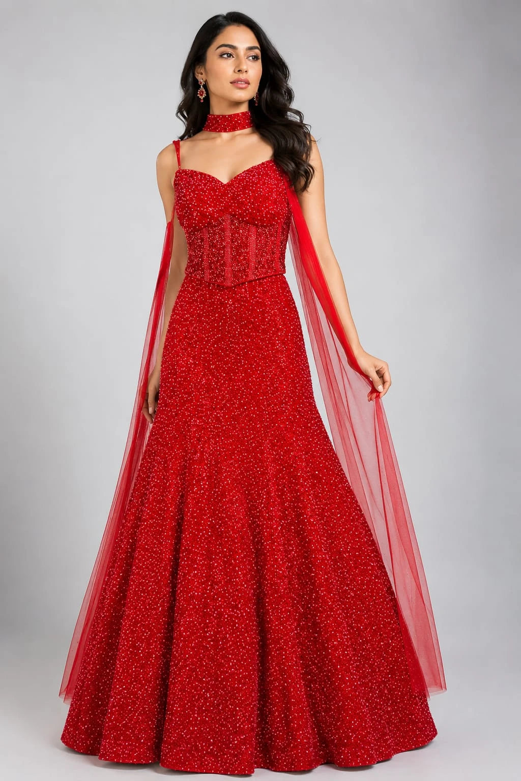 red dupatta lehenga