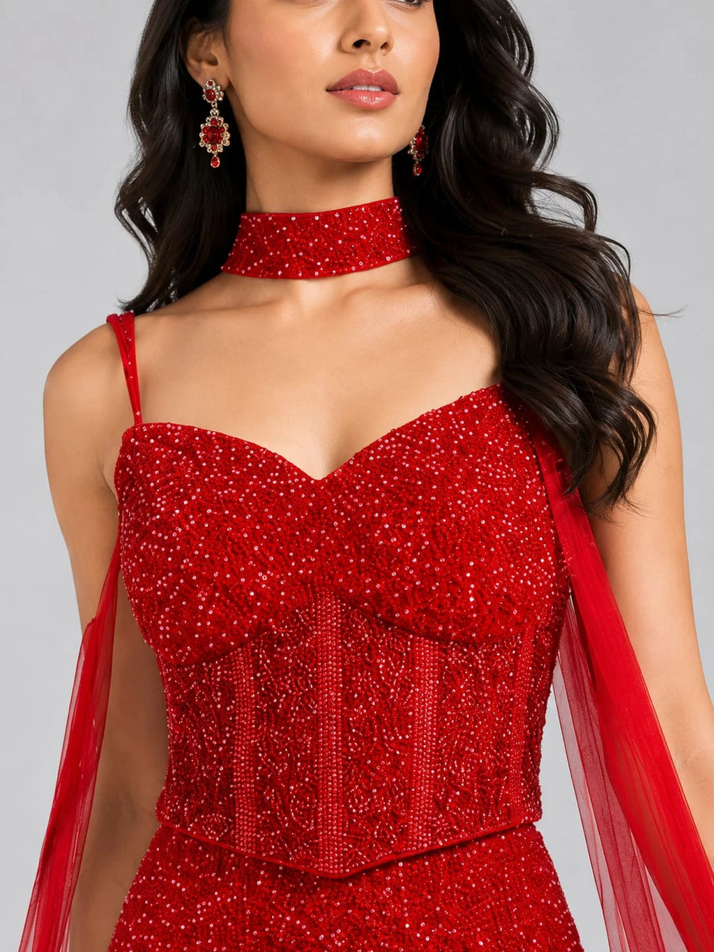 red dupatta lehenga