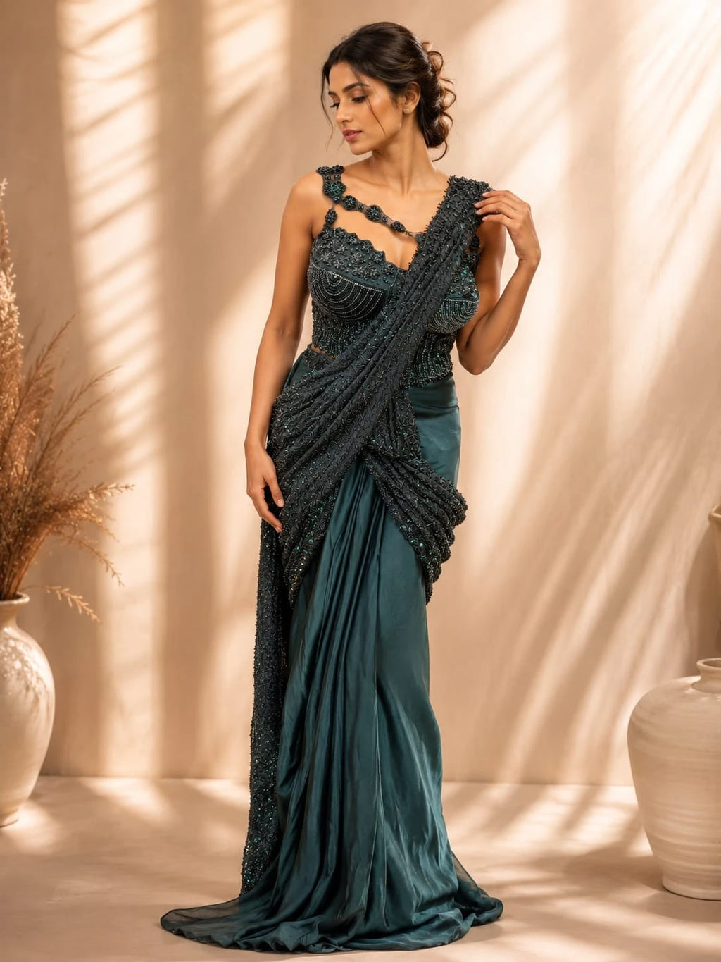 emerald green pre draped saree