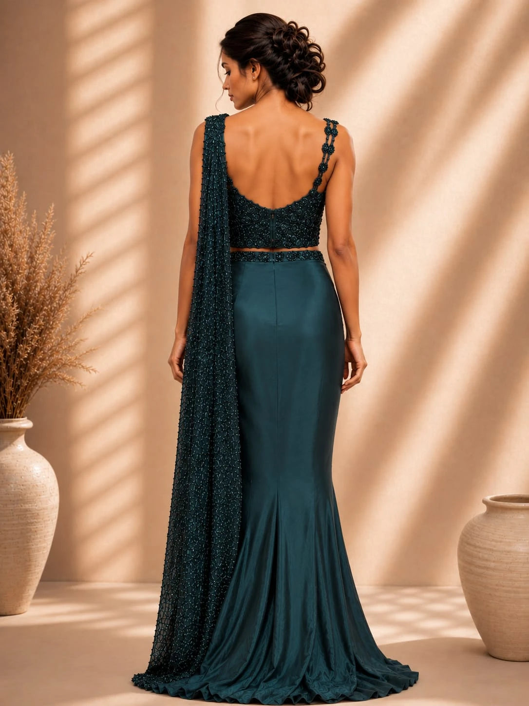 emerald green pre draped saree