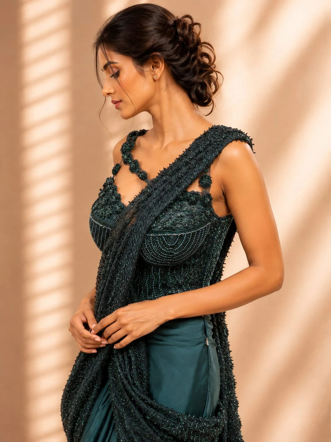 emerald green pre draped saree