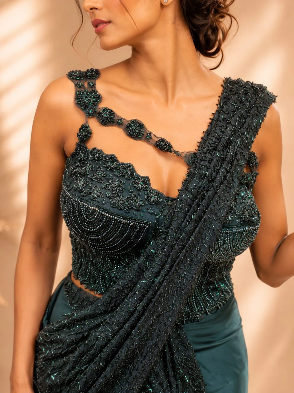 emerald green pre draped saree