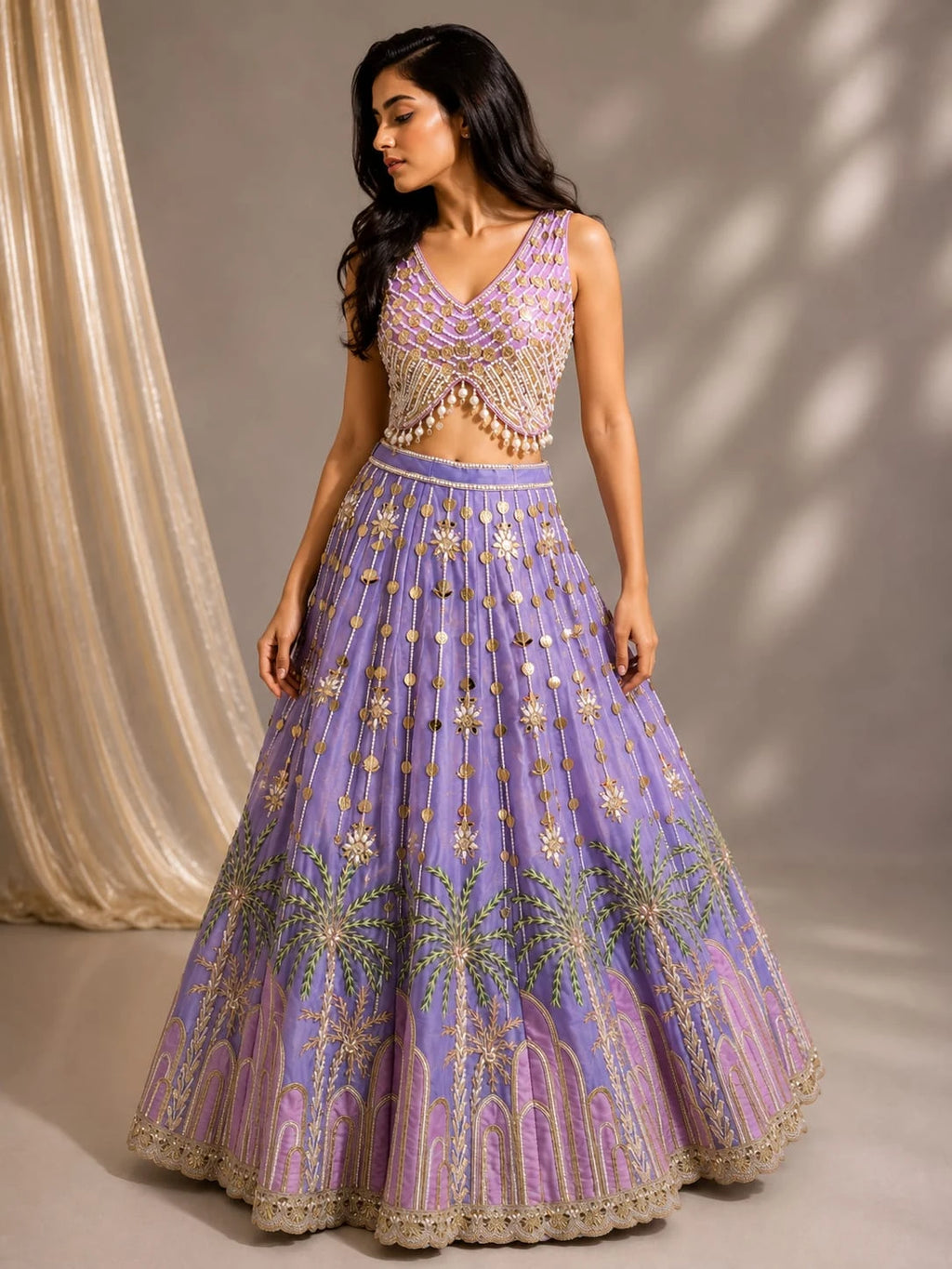 lavender mirror work lehenga