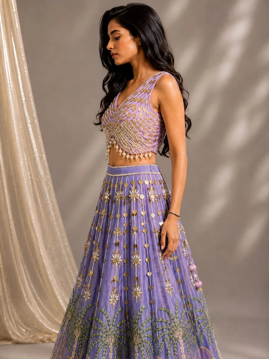 lavender mirror work lehenga