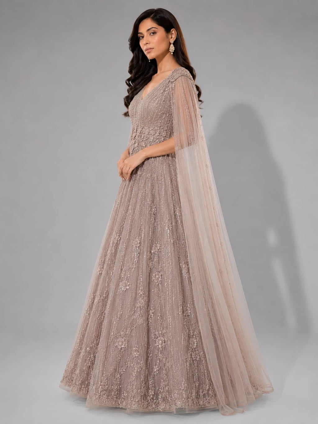brown cape sleeve gown