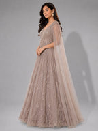 brown cape sleeve gown
