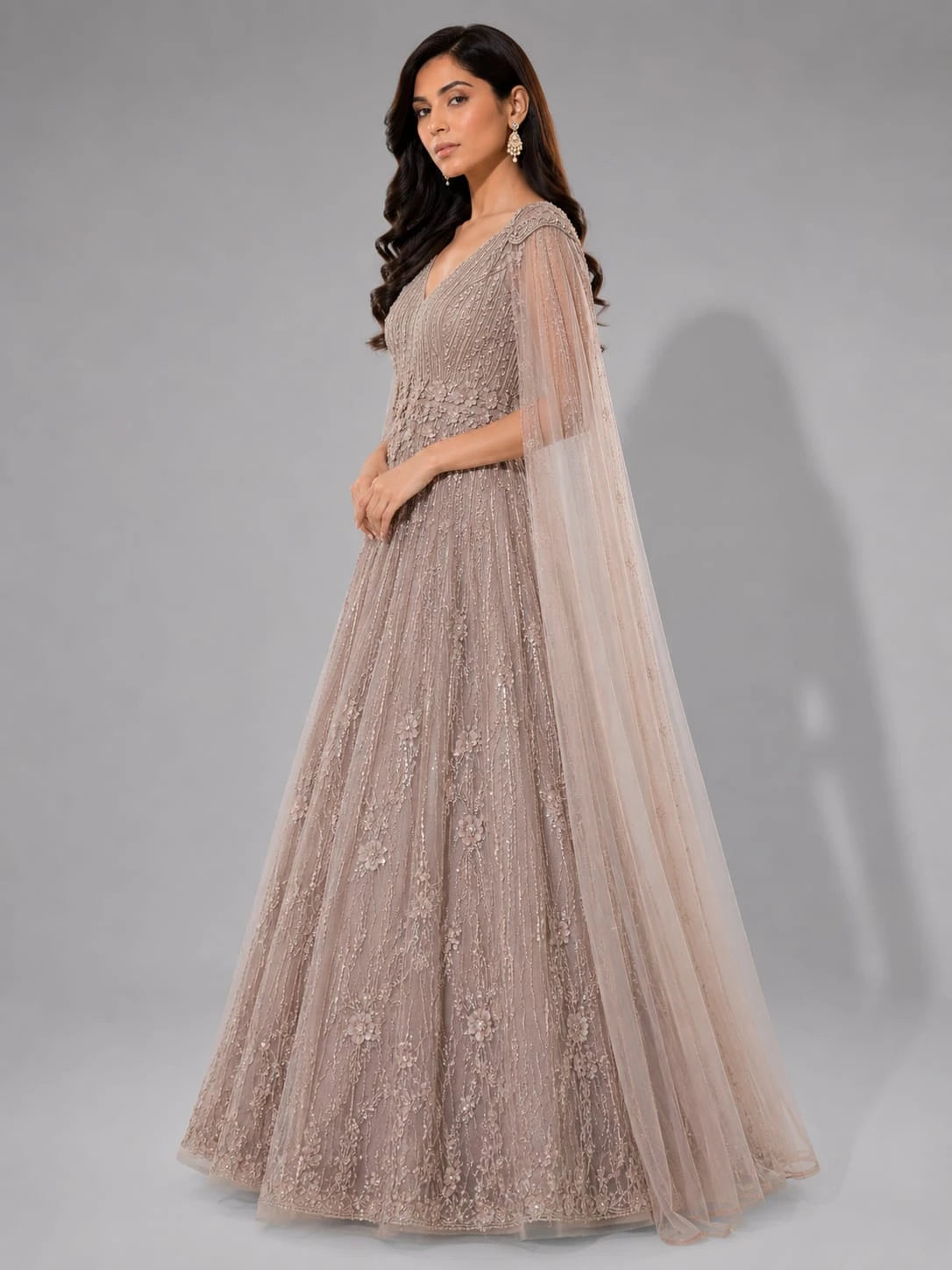 brown cape sleeve gown