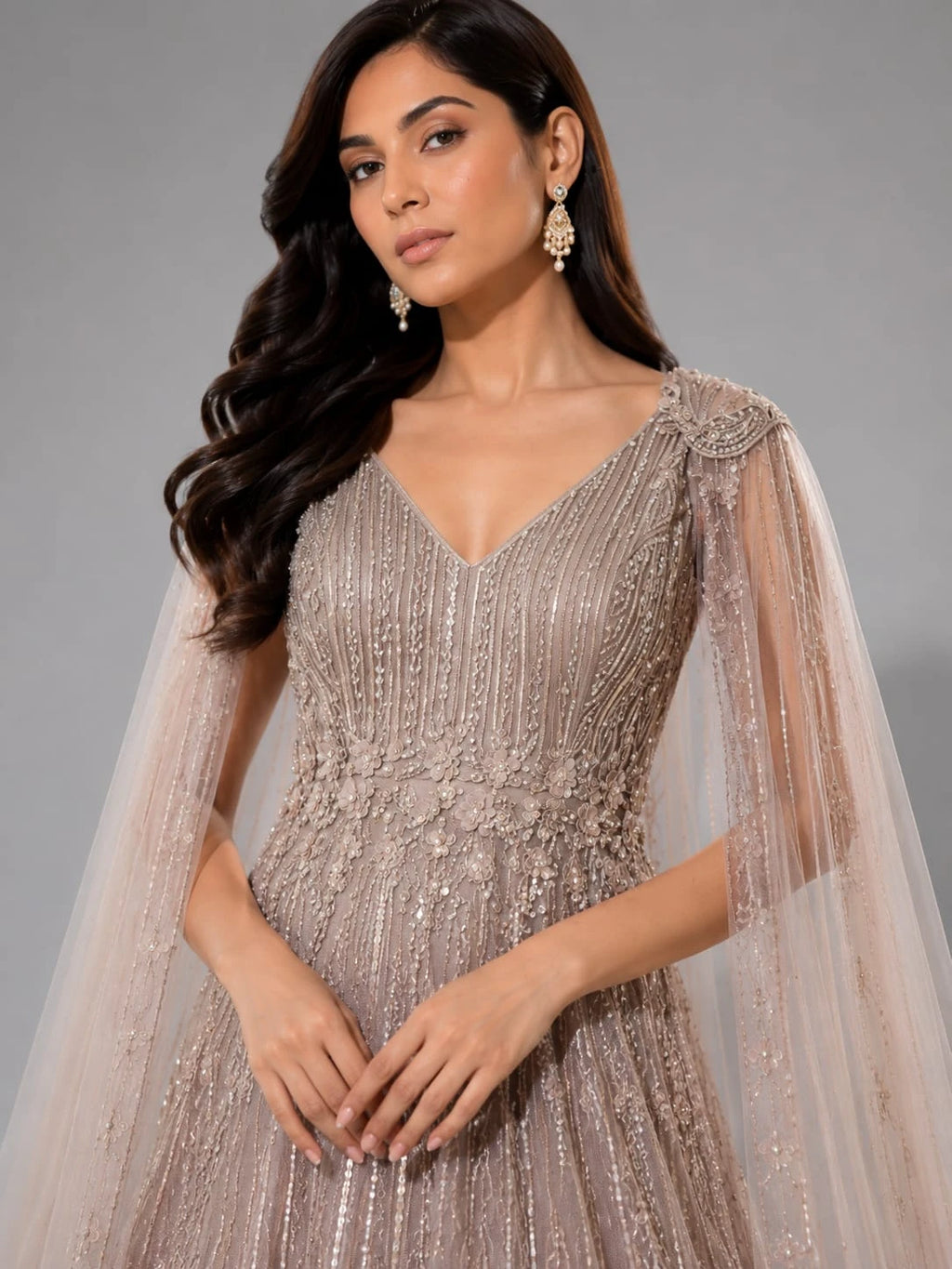 brown cape sleeve gown