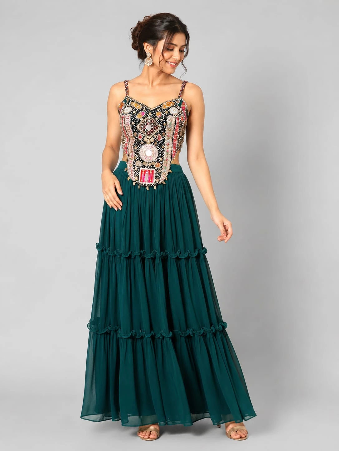 bottle green lehenga blouse