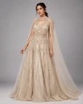 gold cape sleeve gown
