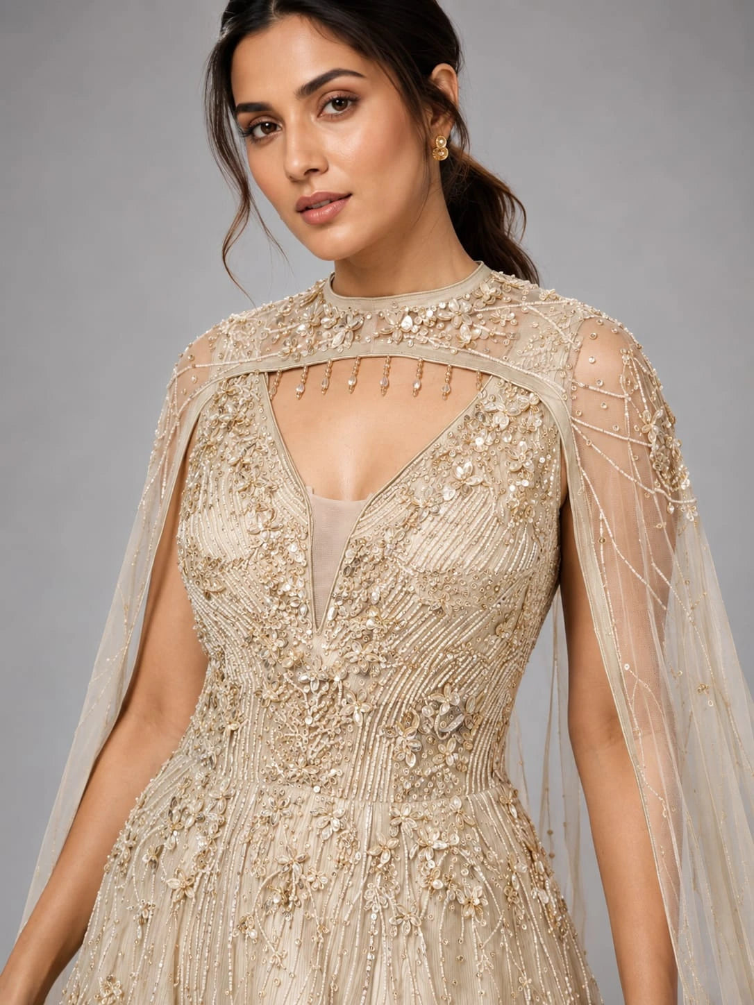 Champagne Gold Embroidered Evening Gown with Cape vastrachowk Champagne Gold Embroidered Evening Gown with Cape vastrachowk