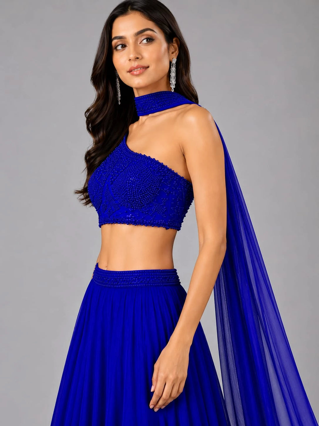 blue one shoulder lehenga