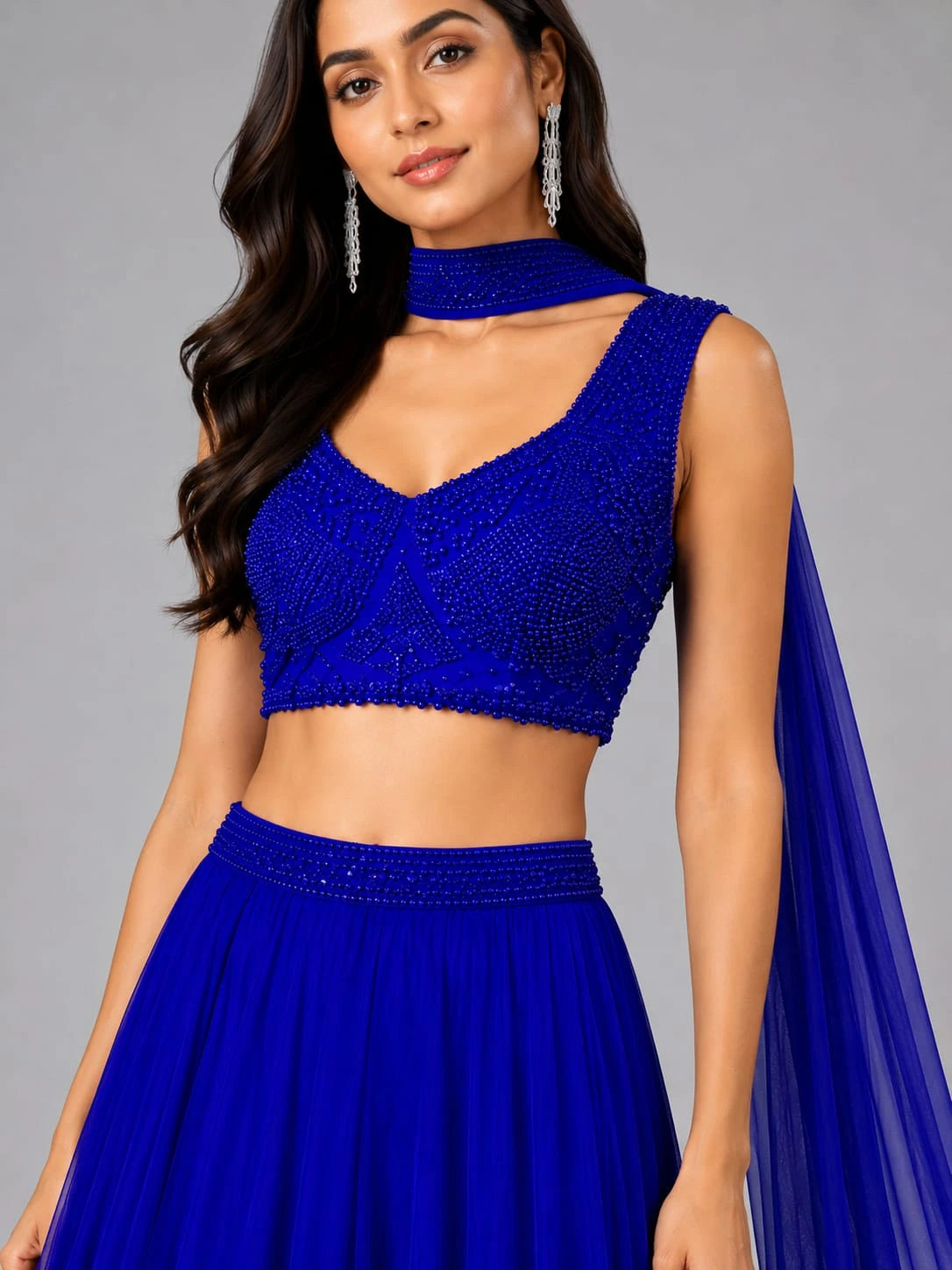 blue one shoulder lehenga
