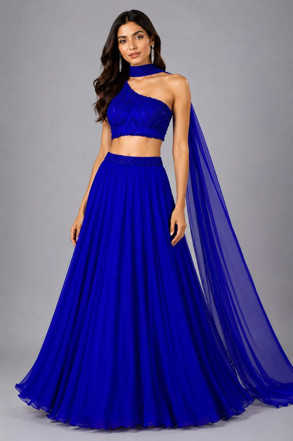 blue one shoulder lehenga