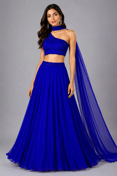 blue one shoulder lehenga