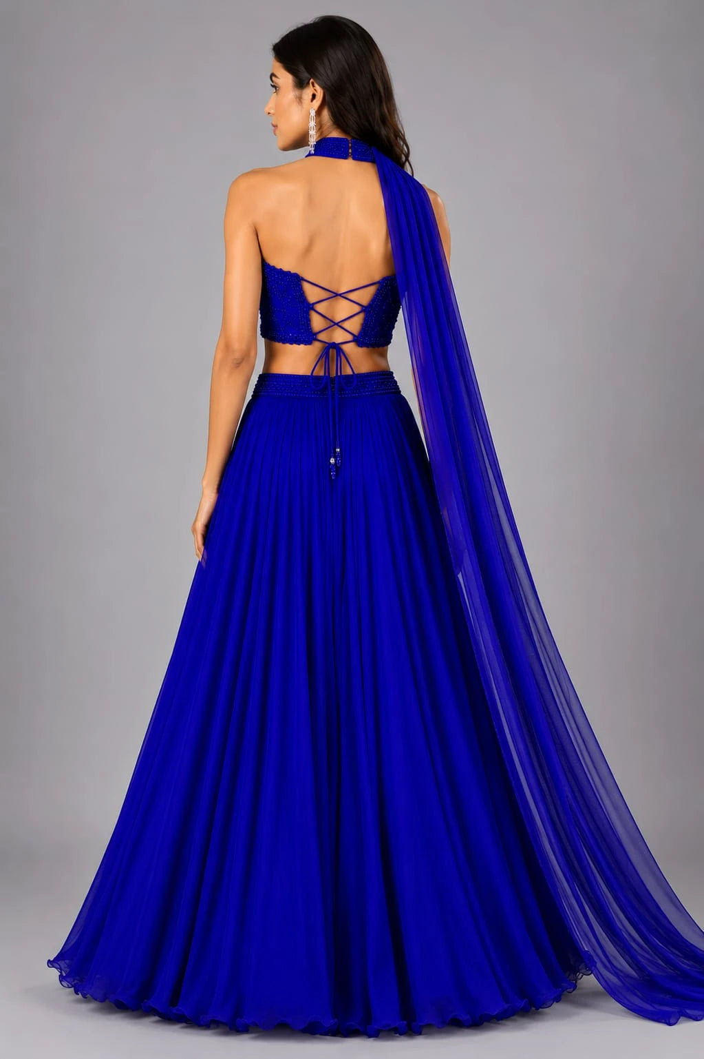 blue one shoulder lehenga