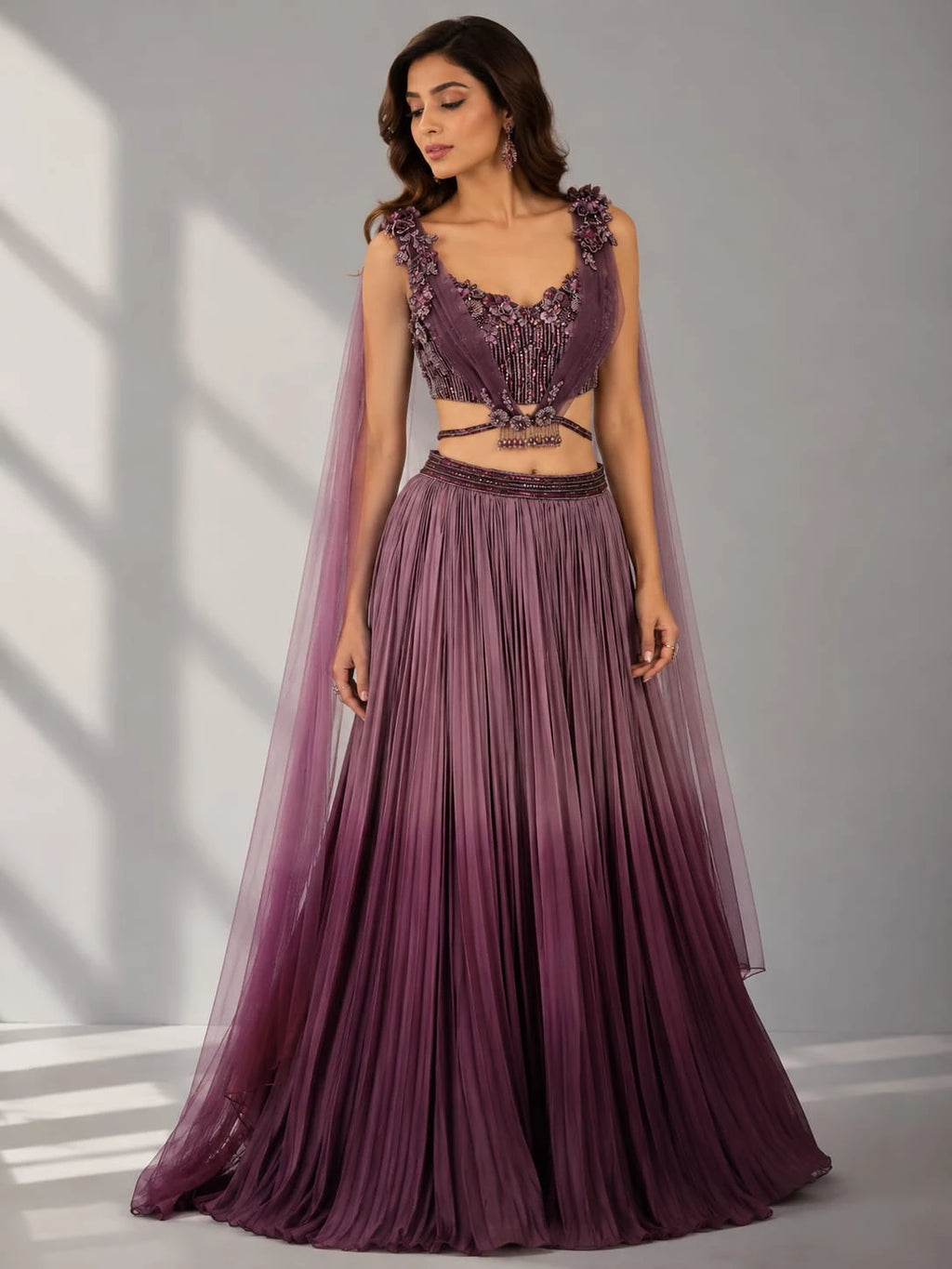 purple cape style dupatta lehenga