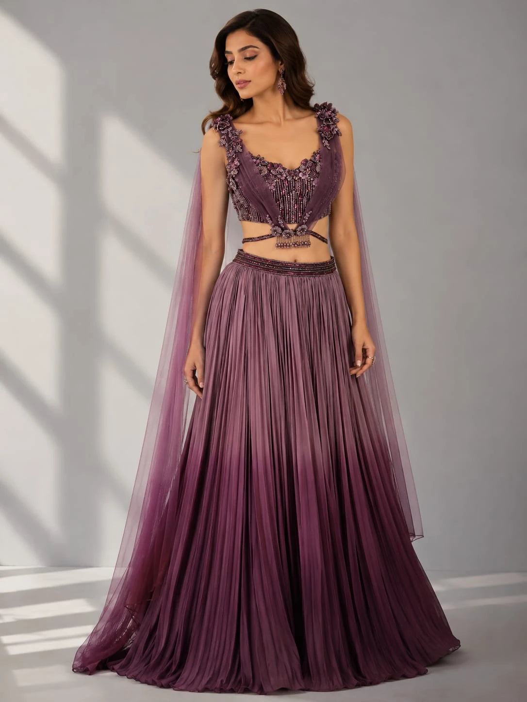 purple cape style dupatta lehenga
