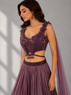 purple cape style dupatta lehenga