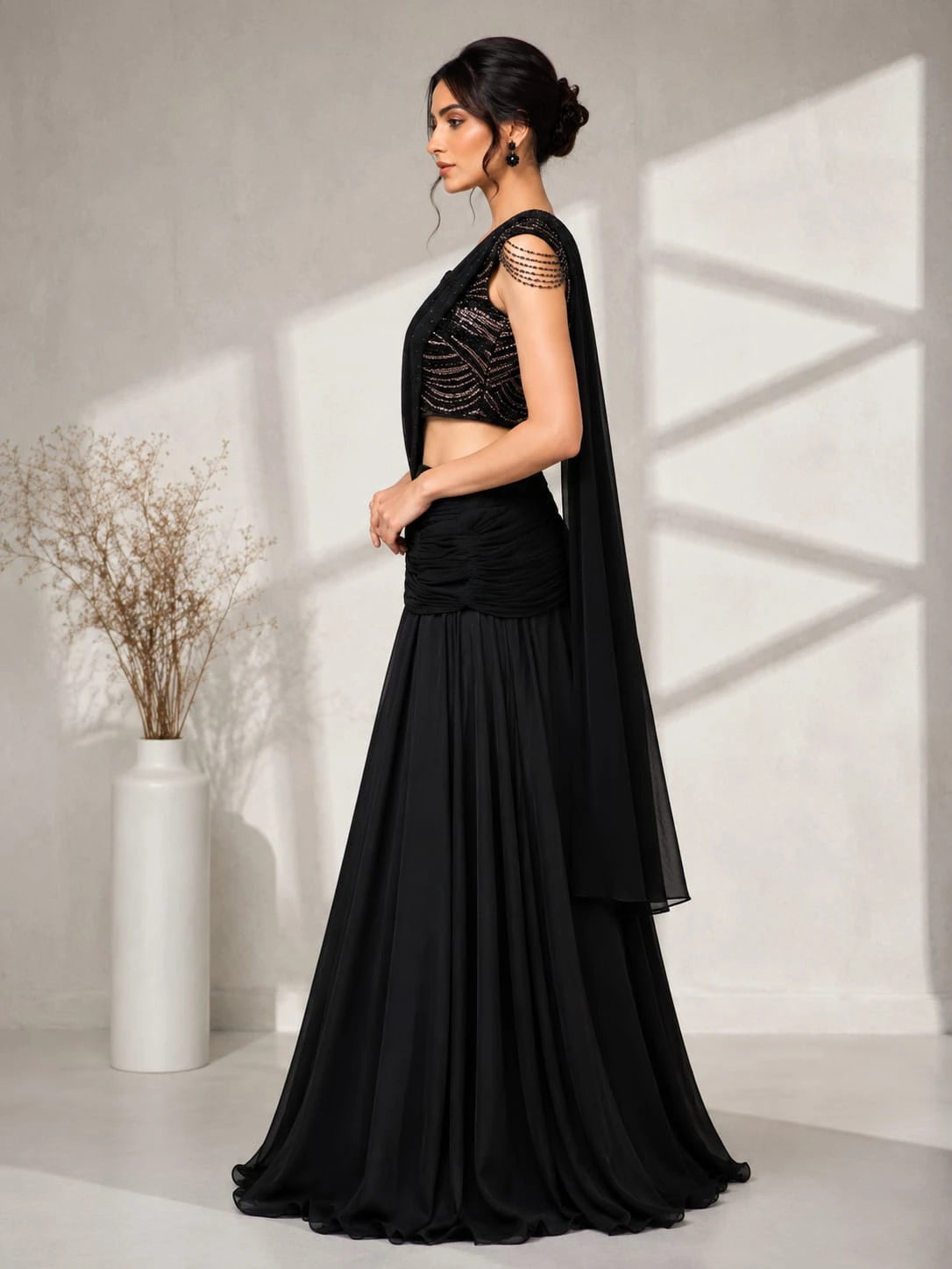 black pre draped lehenga