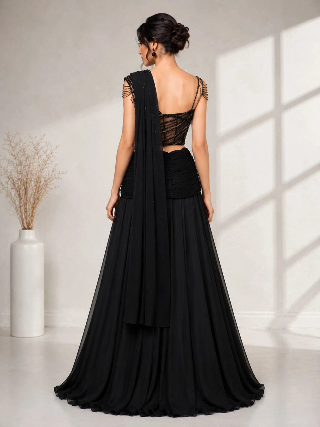black pre draped lehenga
