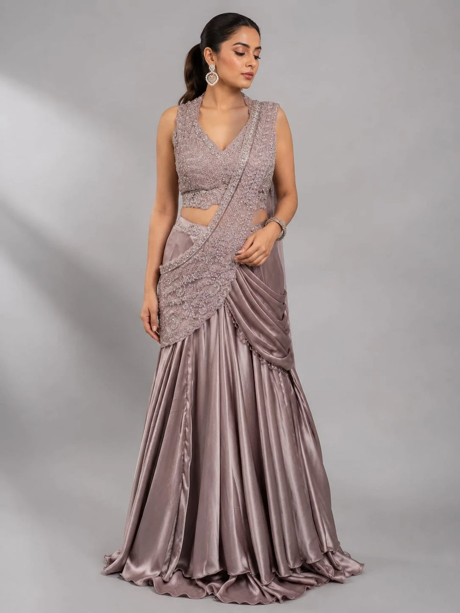 mauve pre draped lehenga