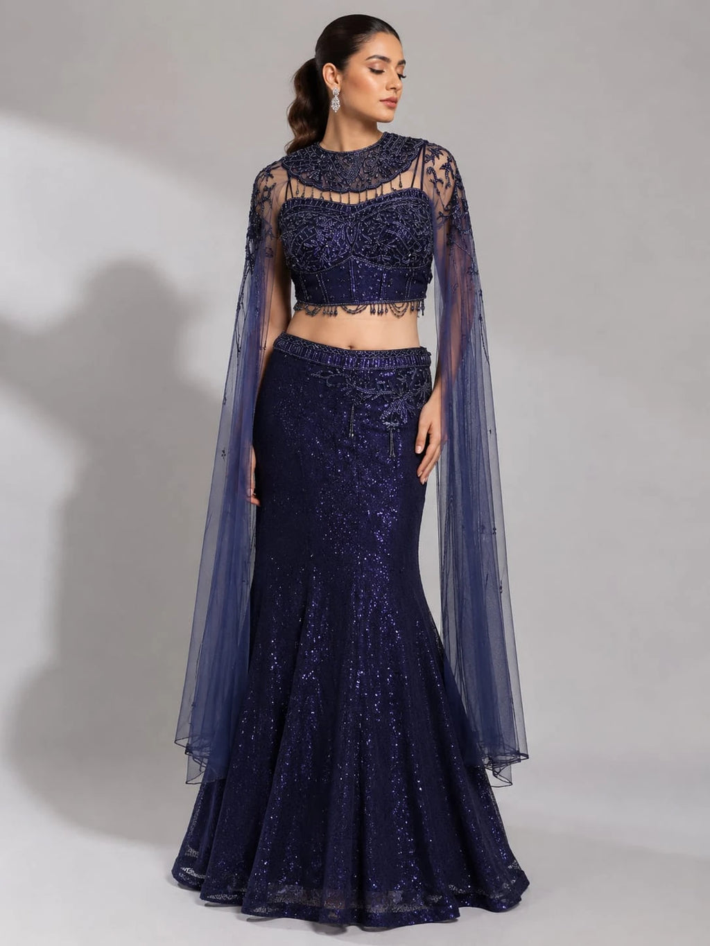 navy blue fish cut lehenga