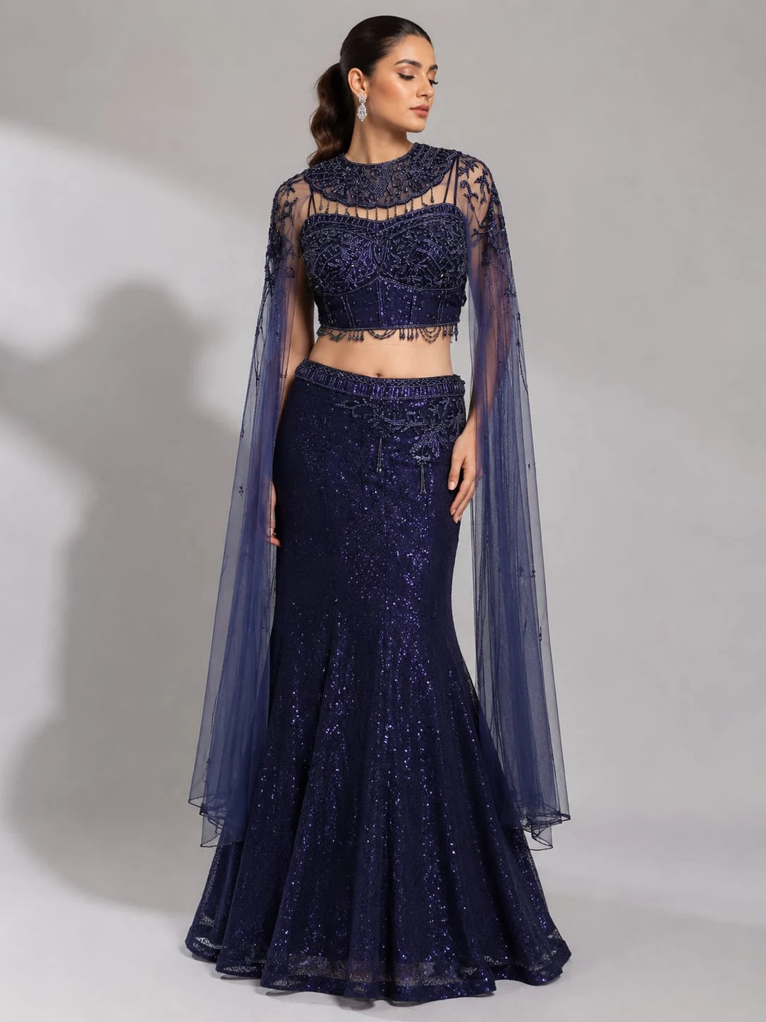 navy blue fish cut lehenga