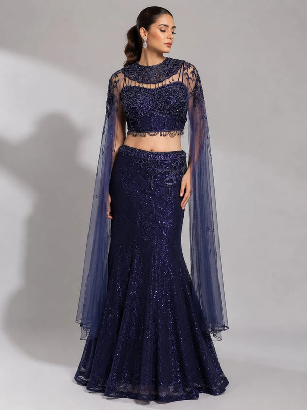 navy blue fish cut lehenga