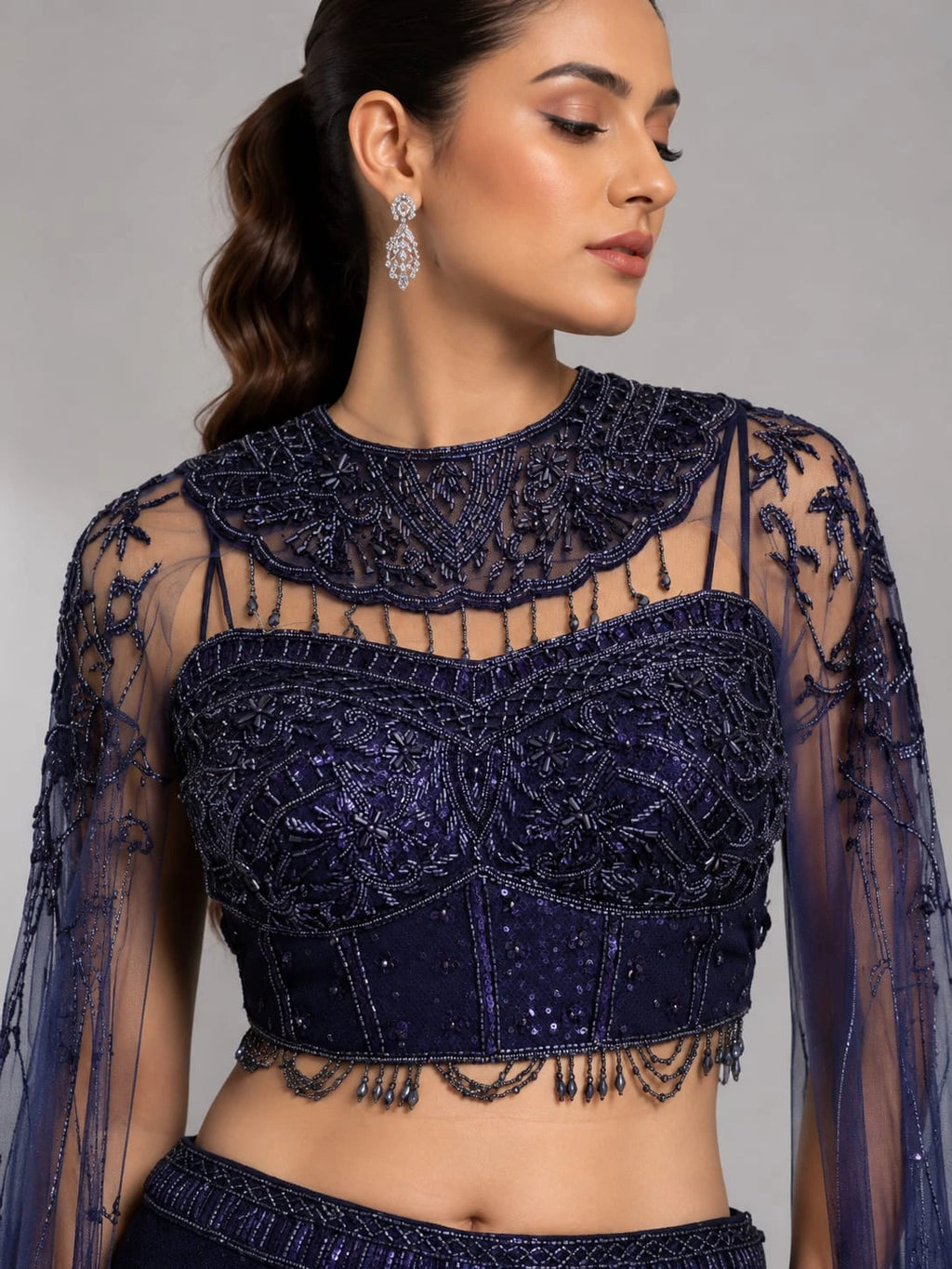 navy blue fish cut lehenga