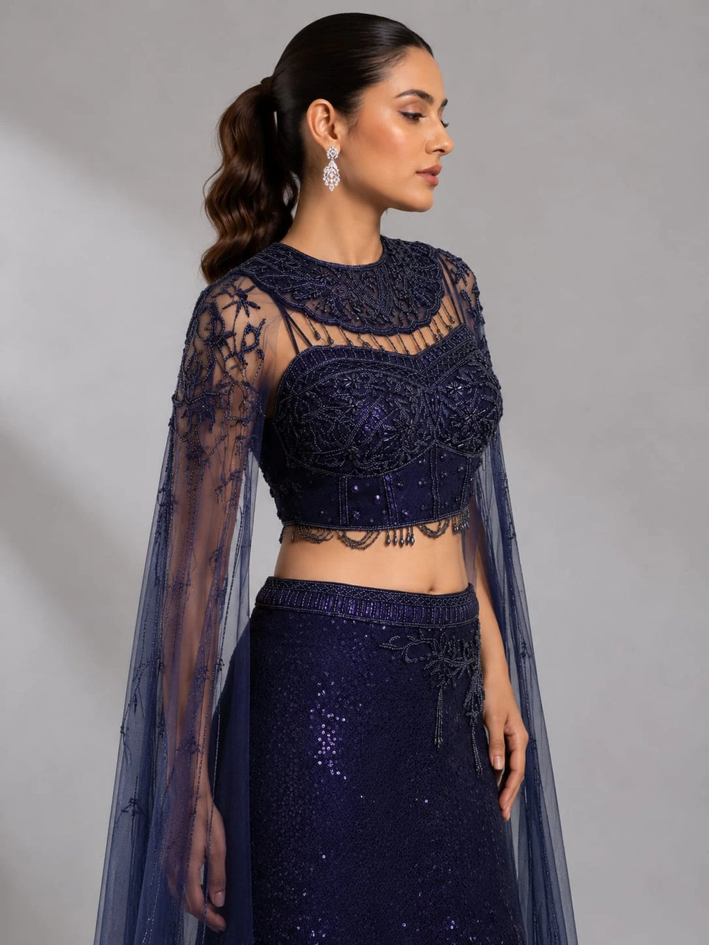 navy blue fish cut lehenga
