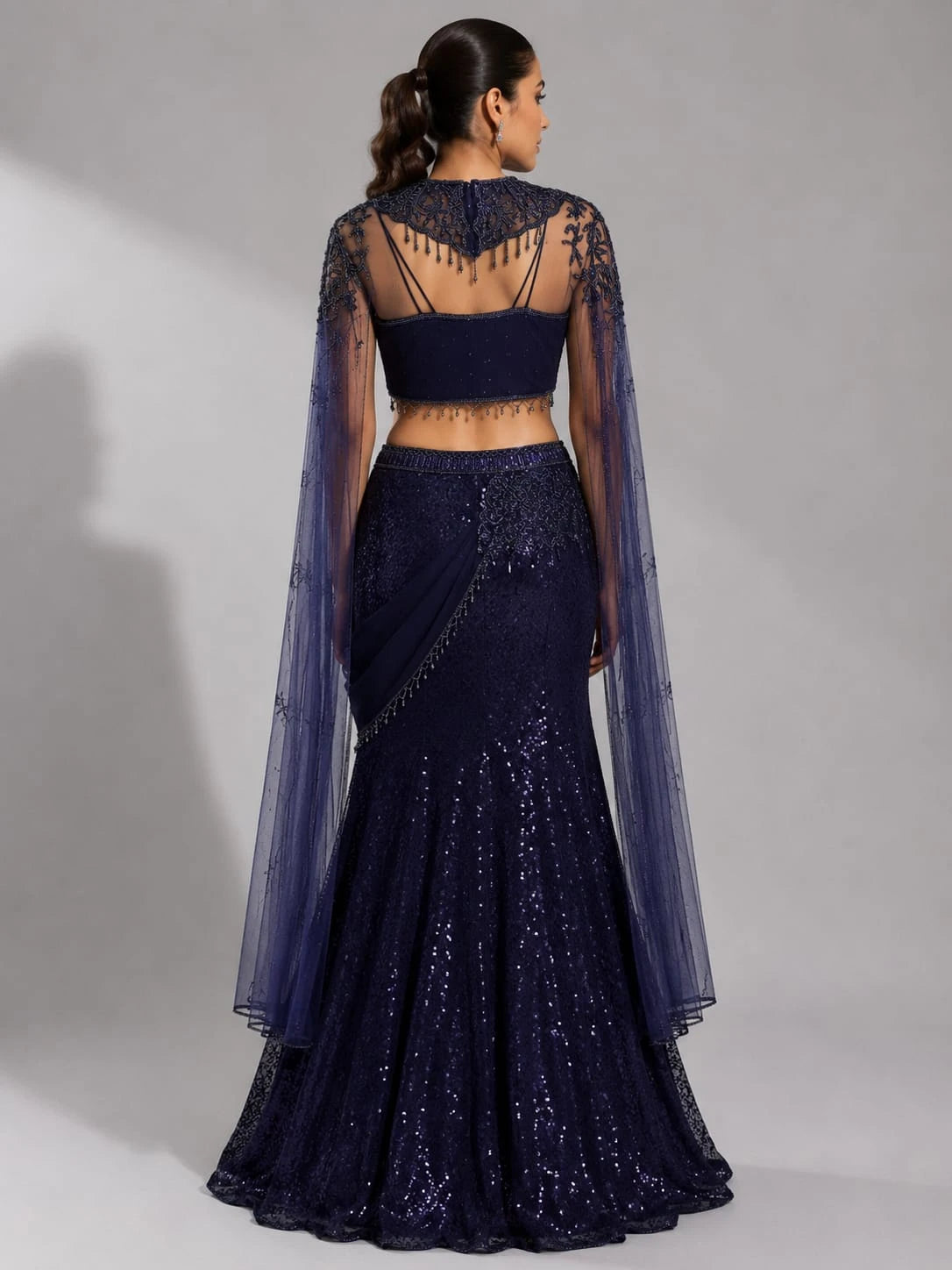 navy blue fish cut lehenga