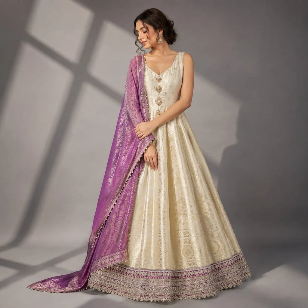 ivory anarkali with wine dupatta