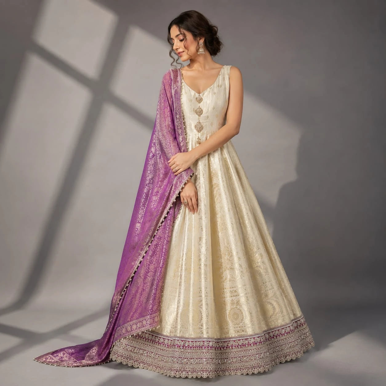 ivory anarkali with wine dupatta