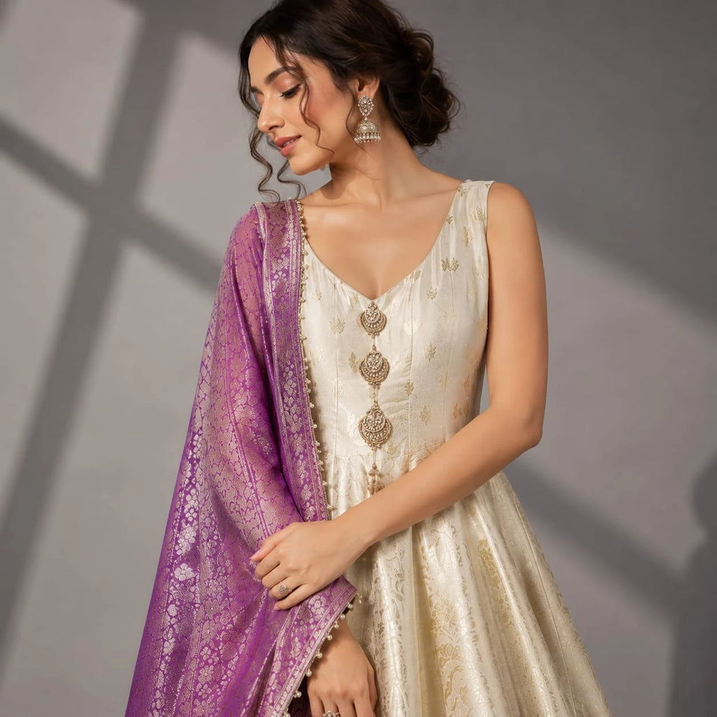 ivory anarkali with wine dupatta