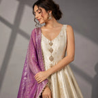 ivory anarkali with wine dupatta