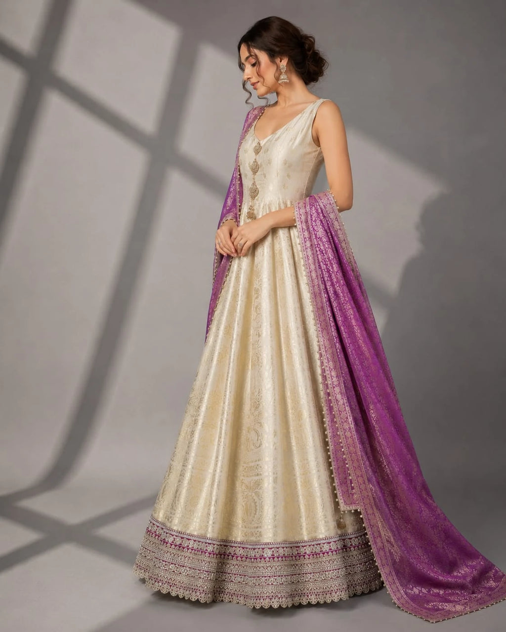 ivory anarkali with wine dupatta