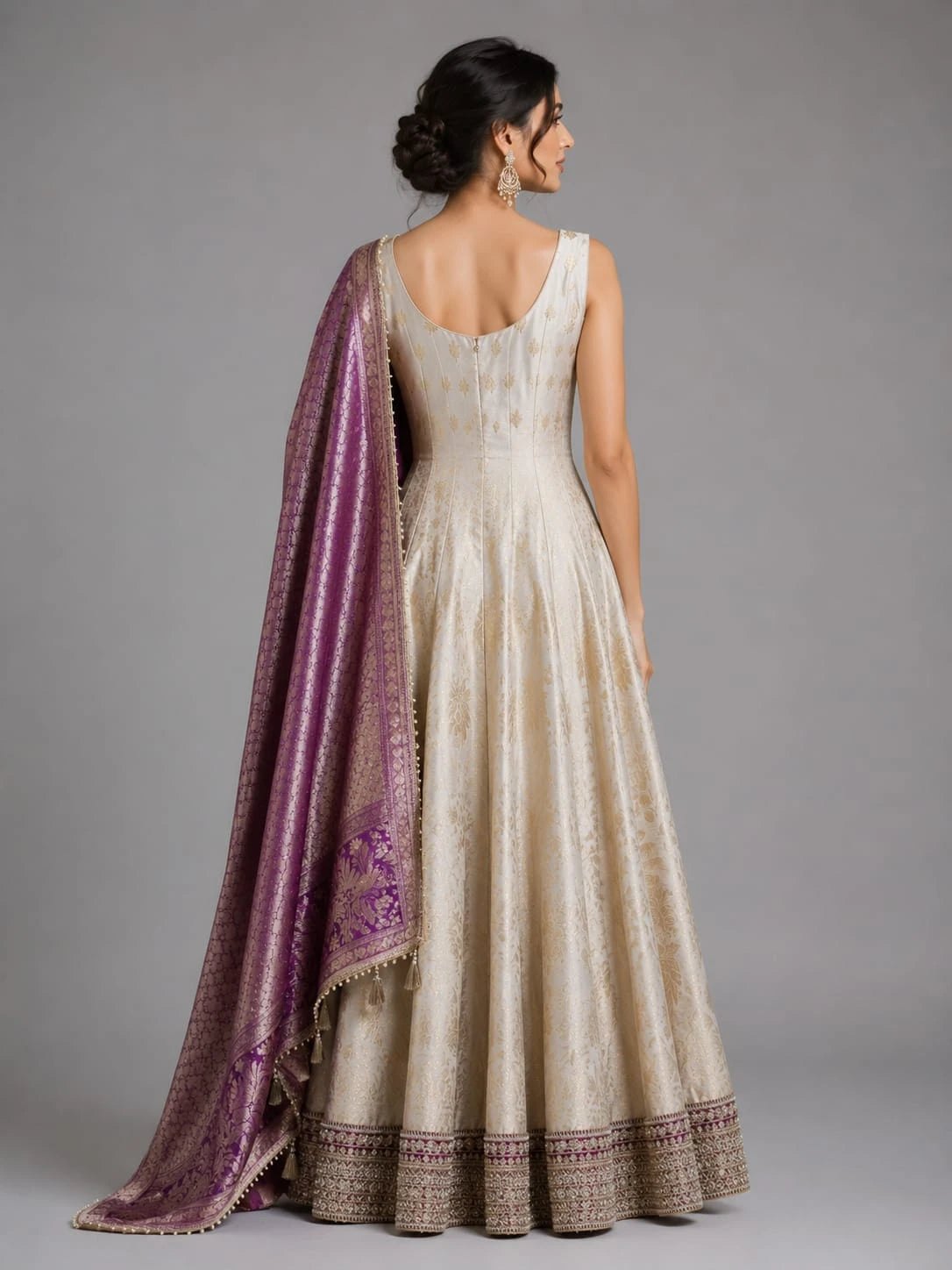 ivory anarkali with wine dupatta